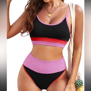 Colorblock Bikini Set - Black, Red, Pink